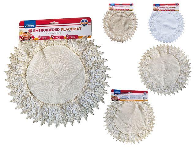 144 Wholesale HigH-Quality Fabric Round Embroidered Placemats 3 Assorted Colors image