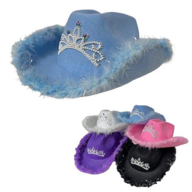 24 Wholesale Ladies Felt Cowboy Hat With Tiara And Feather Edge Asst Colors image
