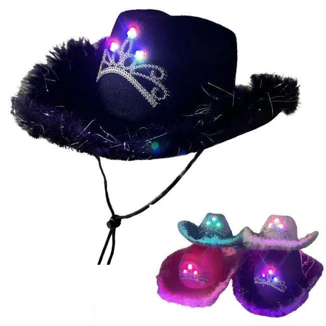 24 Wholesale LighT-Up Felt Cowboy Hat With Tiara And Feather Edge - Asst Colors image