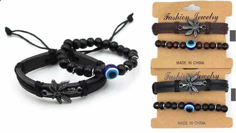 24 Wholesale Wholesale Faux Leather Bracelet (marijuana Leaf & Evil Eye) image
