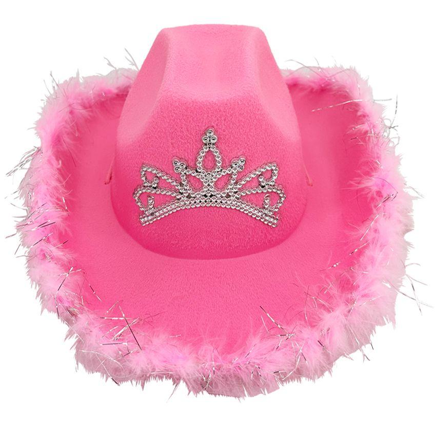 24 Wholesale Pink Cowgirl Hats With Feathers For Kids - Tiara Design image