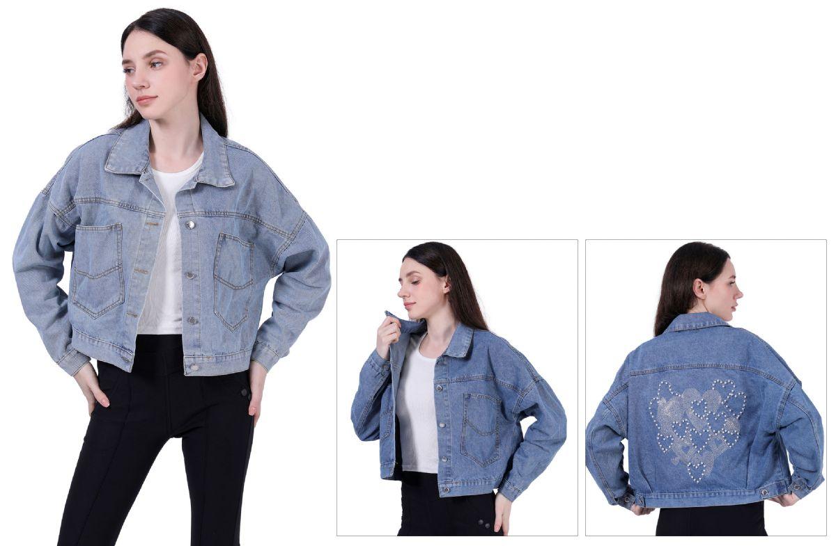 24 Wholesale Women's Cropped Denim Jacket With Heart Embellishments image