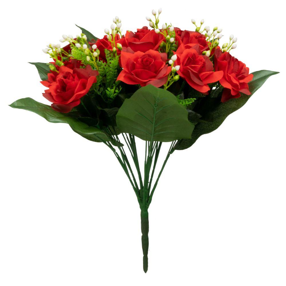 12 Wholesale Artificial 13 Head Rose Bush 15 inch - Red image