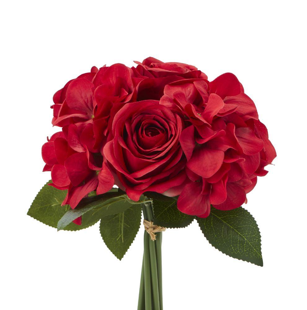 36 Wholesale Artificial Rose & Hydrangea Bouquet 13 inches x 8 inches - Red image