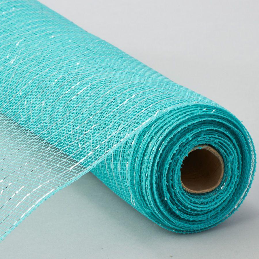 20 Wholesale Decorative Poly Mesh Roll With Silver Metallic Stripes - Aqua image