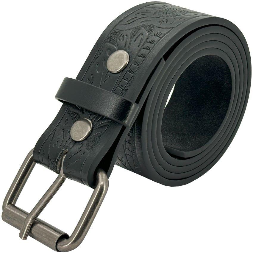 24 Wholesale Men's Black Western Leather Belts - Long Horn Bull Engraved Floral Design image
