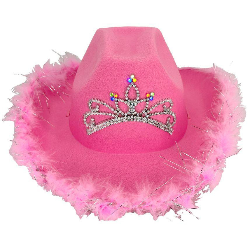 24 Wholesale LighT-Up Pink Cowgirl Hats With Feathers For Kids - Tiara Crown image