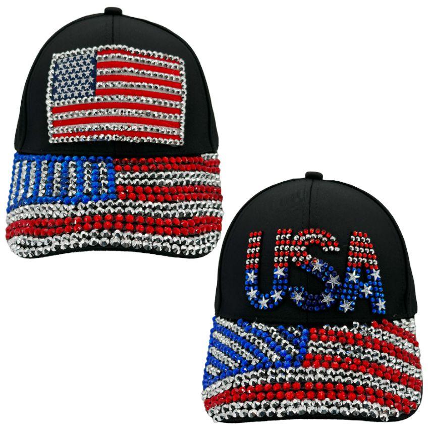 24 Wholesale Usa Flag Rhinestone Black Caps American Patriotism Design image