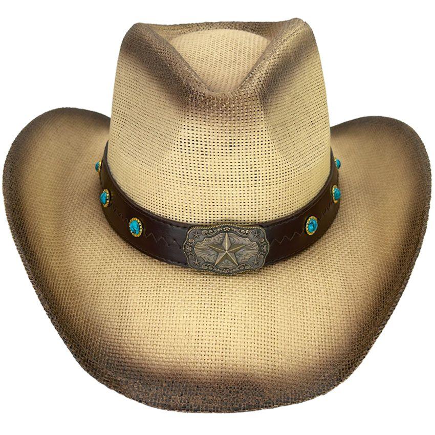 24 Wholesale Paper Straw Star Turquoise Bead Stitched Band Brown Cowboy Hat image