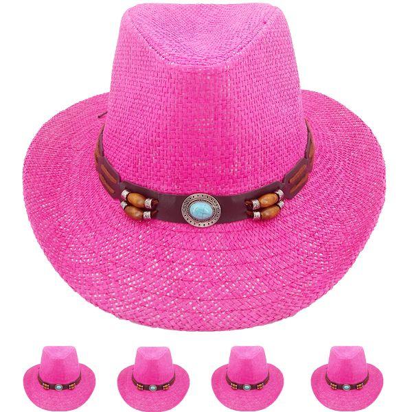 24 Wholesale Pink Straw Paper Western Cowgirl Hat image