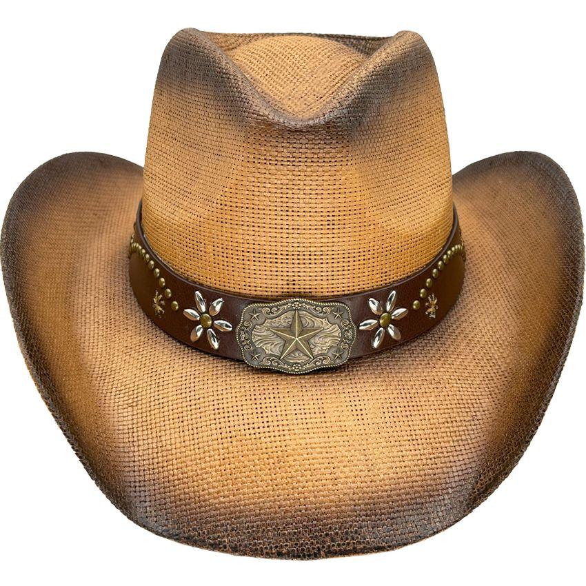 24 Wholesale Brown Cowboy Hats Paper Straw Star Band With Flowers Design image