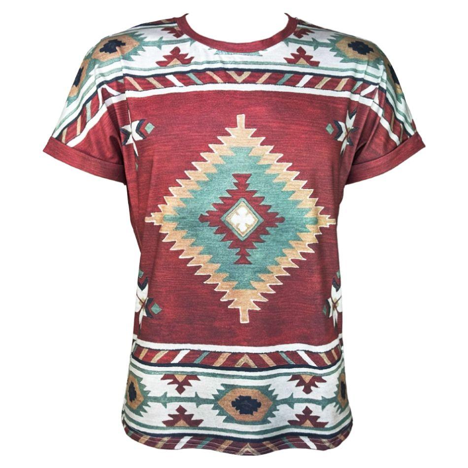 24 Wholesale Brown Western T-Shirts Aztec Diamond Pattern Printed Crew Neck Short Sleeve image