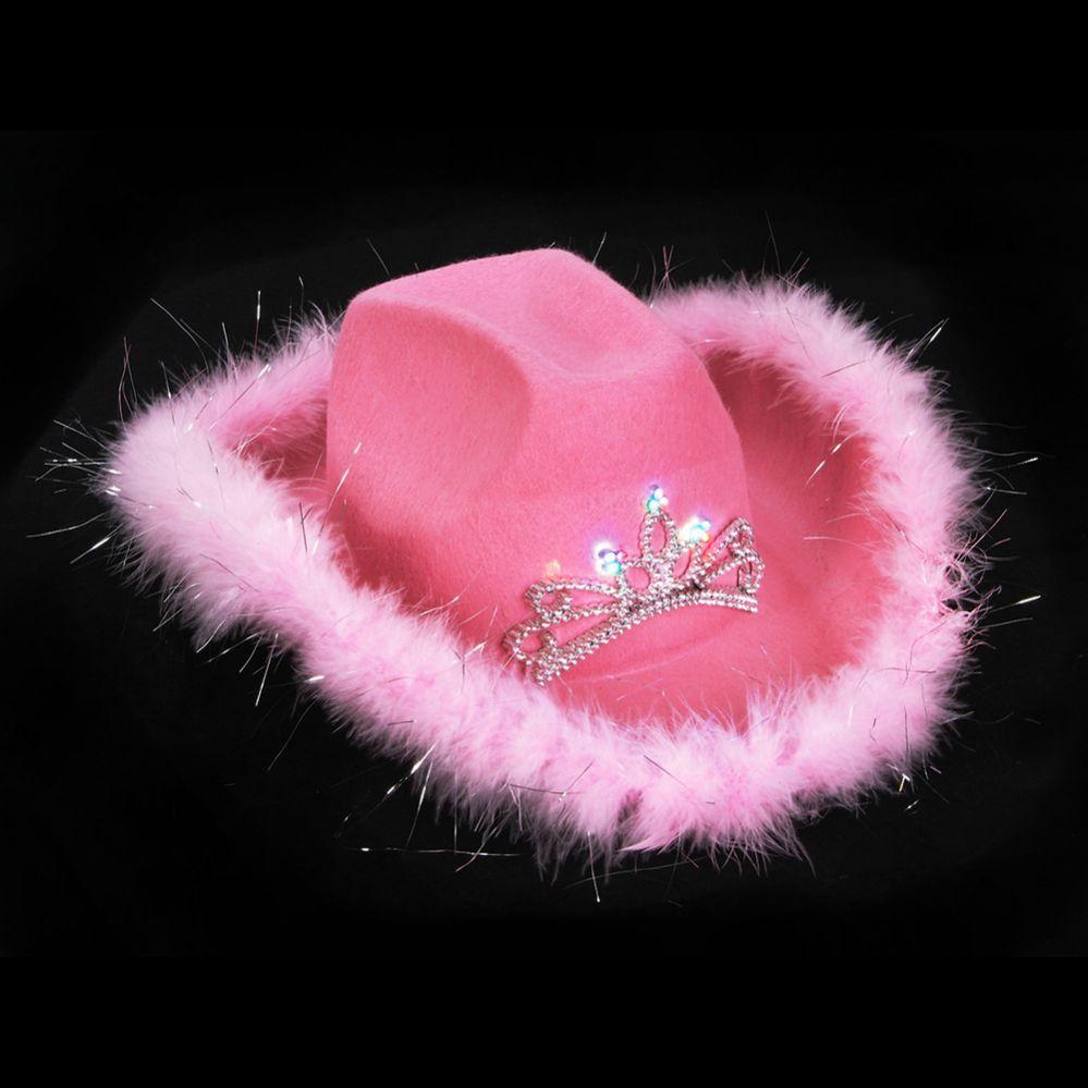 24 Wholesale LighT-Up Tiara Pink Cowgirl Hat With Feathers image