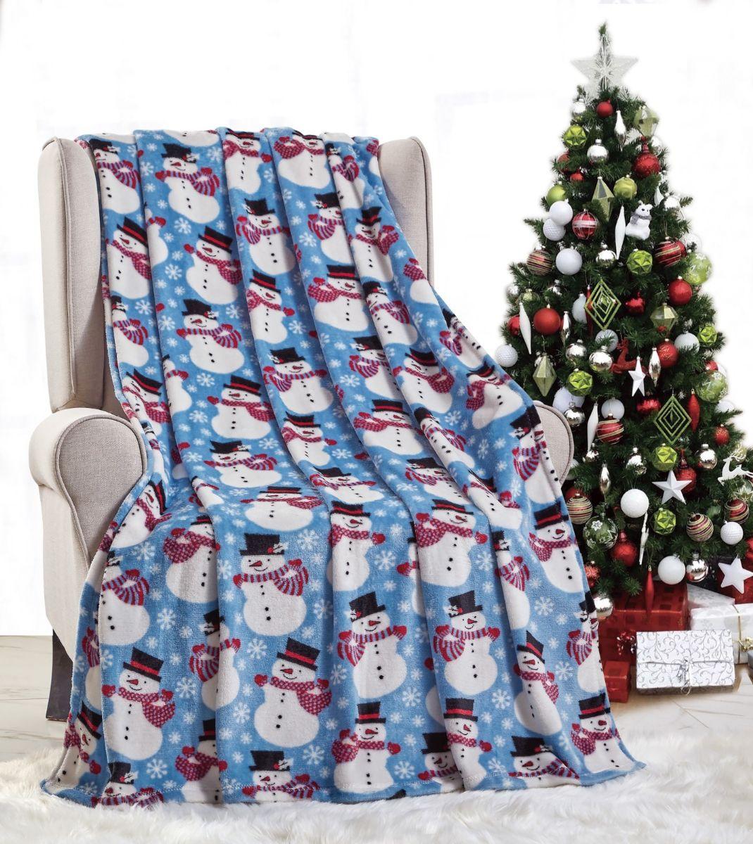 12 Wholesale Micro Plush Warm Fleece Holiday Throw Blanket 50 X 60 Blue Snow Man image