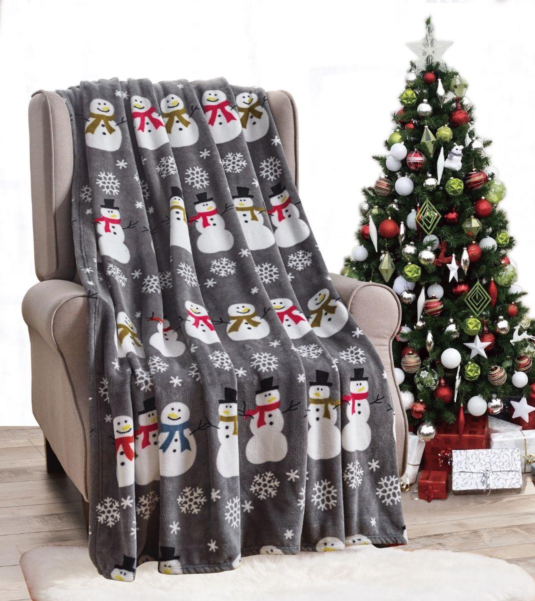 12 Wholesale Micro Plush Warm Fleece Holiday Throw Blanket 50 X 60 Gray Snow Man image