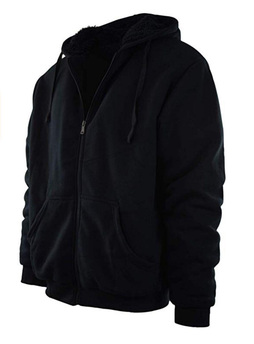 12 Wholesale Big Mens Solid FuR-Lined Zip Up Hoodie Sweatshirt Black image
