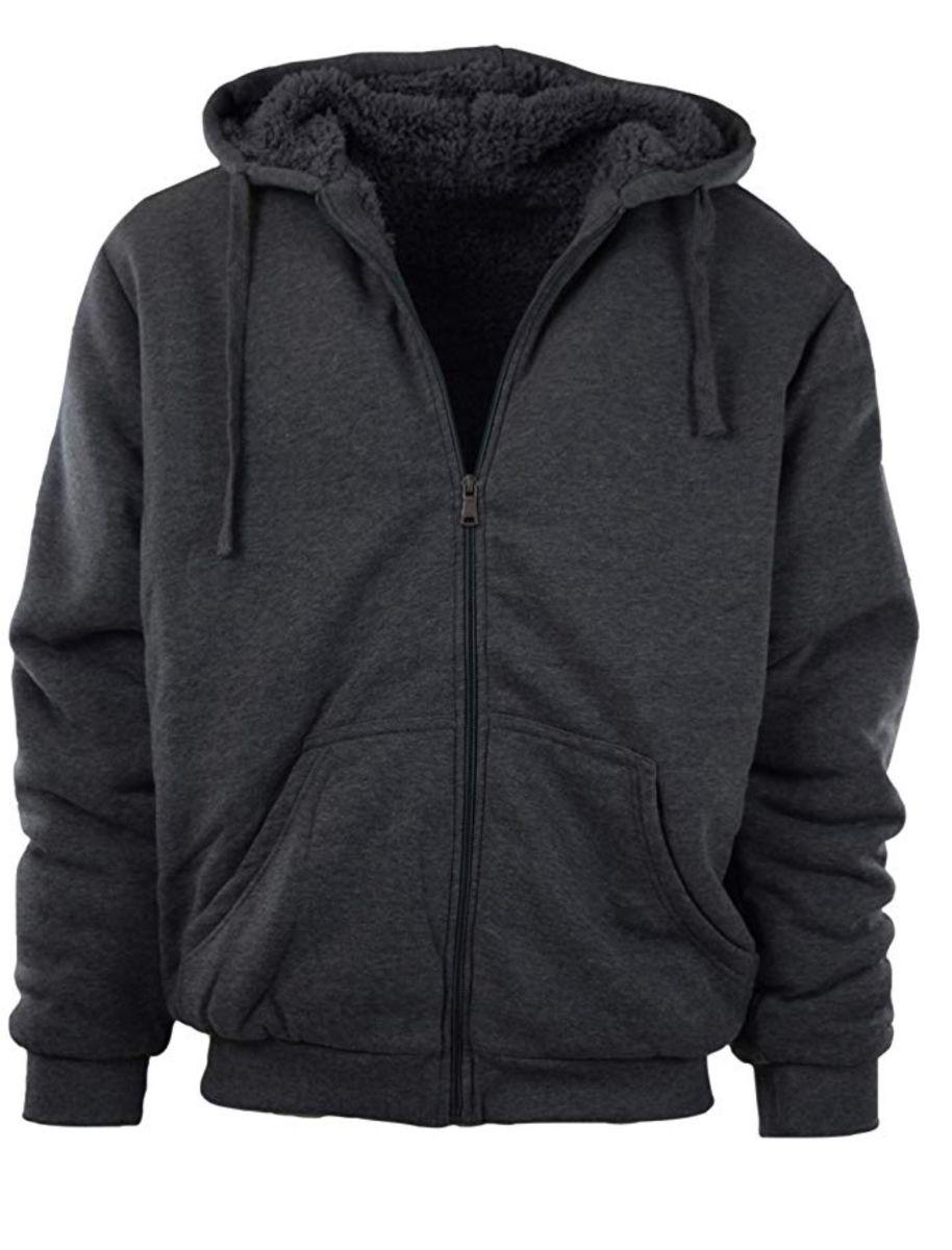 12 Wholesale Big Mens Solid FuR-Lined Zip Up Hoodie Sweatshirt Charcoal image