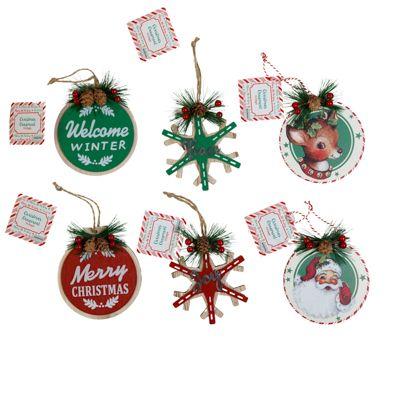 36 Wholesale Ornament 6 Asst VintagE-Style Santa& Deer/ Round Greeting/ Snowflake W/ Trim Xm ht image