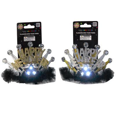 24 Wholesale Tiara New Year LitE-Up 2 Asst Gold/ Silv W/ Black Feather Trim Ny Tcd image