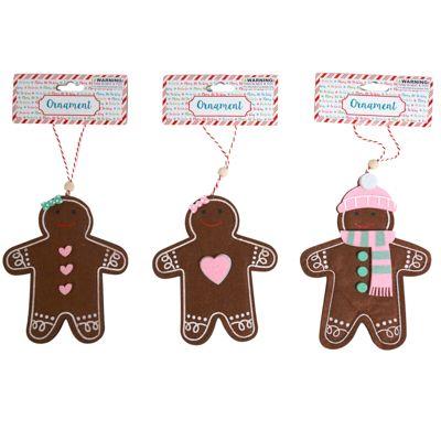 24 Wholesale Gingerbread Felt Ornament 3 Asst 7in W/tiP-On Print Felt Accents/wood Bead Hanger Hdr Card image