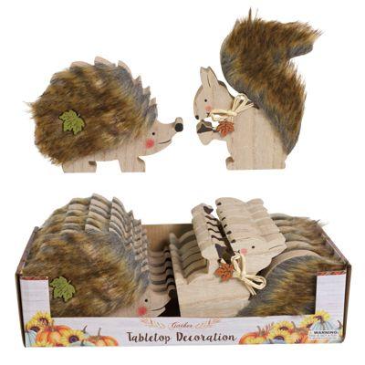 12 Wholesale Table Decor Harvest Furry Trim Squirrel/hedgehog 2 Ast / 5.7in /12pc Pdq Mdf Comply Label image
