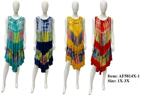12 Wholesale Multicolor Rayon Tie Dye Plus Size Umbrella Dresses - Assorted image