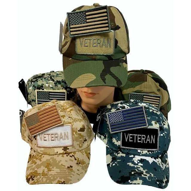 12 Wholesale Camo Veteran Hats With Detachable Flag Patch - Assorted image