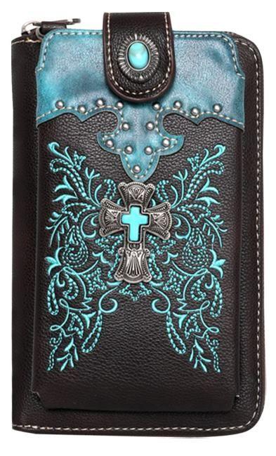 12 Wholesale Montana West Cross Design Phone Wallet Crossbody - Turquoise & Black image