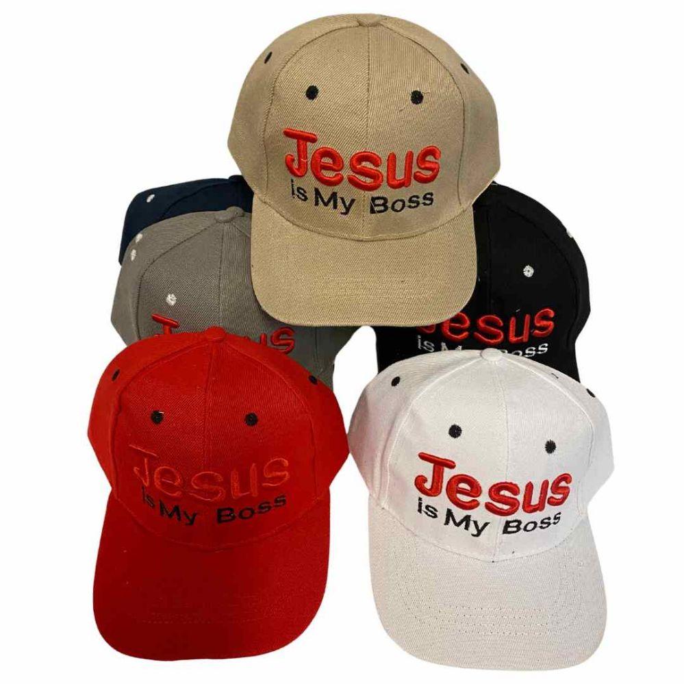 12 Wholesale "jesus Is My Boss" Youth Size Baseball Caps - Assorted image