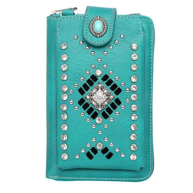 12 Wholesale Montana West American Bling Southwestern Collection Crossbody Wallet Purse - Turquoise image