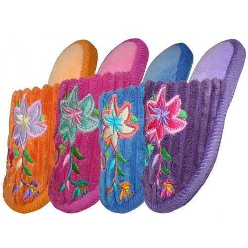48 Wholesale Girls Plush Slipper With Flower Embroidery image