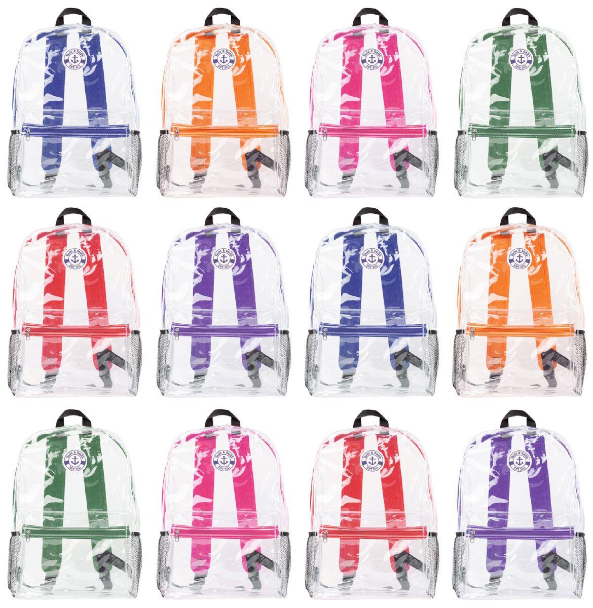 144 Wholesale Yacht & Smith 17inch Water Resistant Assorted Color Clear Backpack With Adjustable Padded Straps image