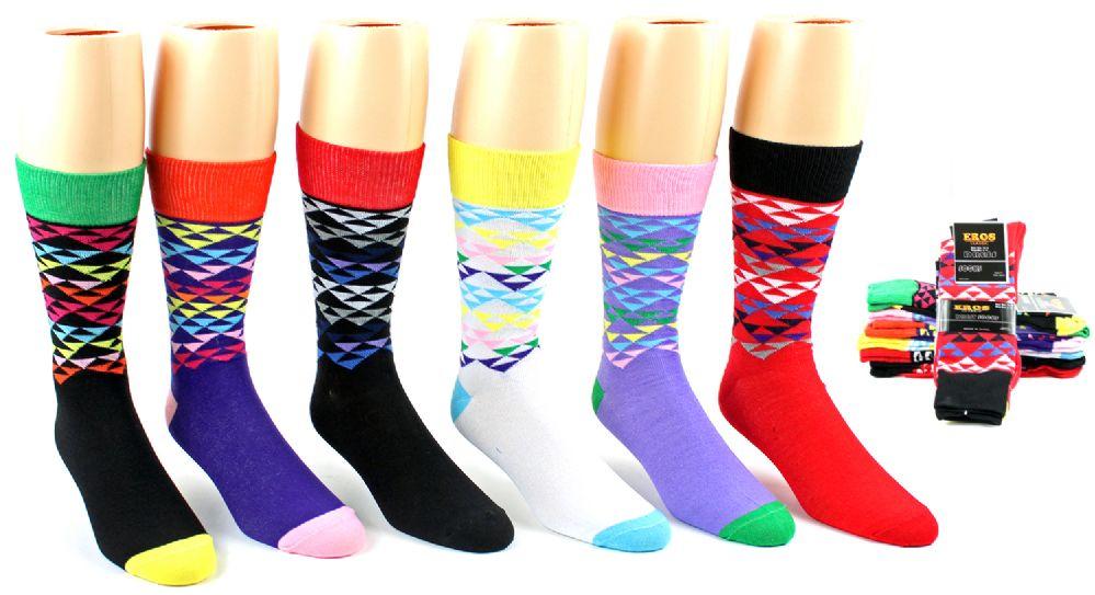24 Wholesale Men's Casual Crew Dress Socks - Pyramid Print - Size 10-13 image