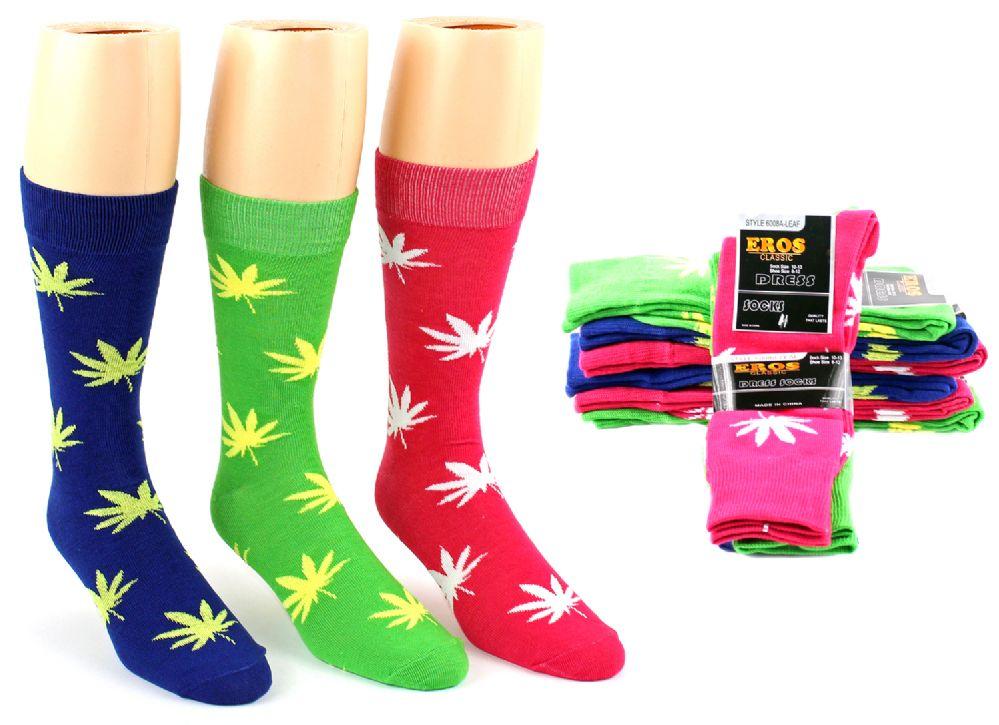 24 Wholesale Men's Casual Crew Dress Socks - Marijuana Leaf Print - Size 10-13 image