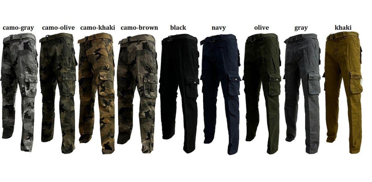 12 Wholesale Men's Cargo Pants With Belt Black Pack B image