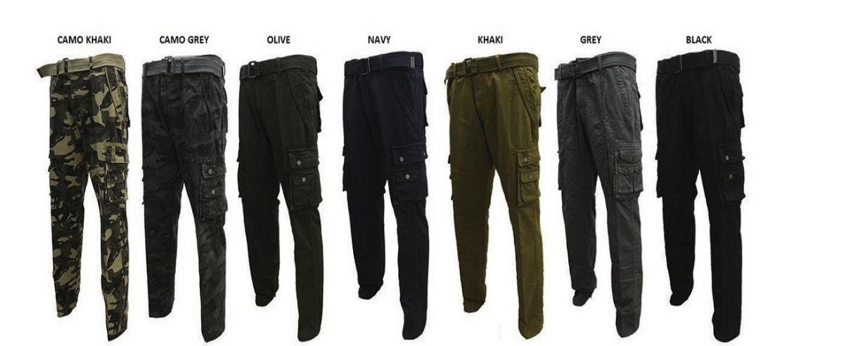 12 Wholesale Men's Fashion Cargo Pants With Belt Black Pack A image