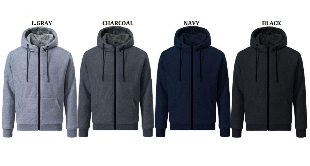 12 Wholesale Men's Jacquard Hoodie With Fur Lining - Charcoal - Pack A image