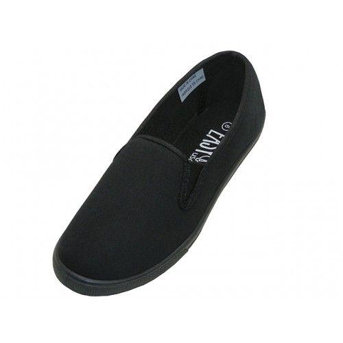 24 Wholesale Women's Slip On Twin Gore Casual Cotton Upper Canvas Shoes In Black Sizes 6-11 image