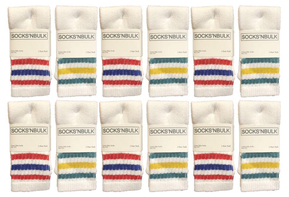 24 Wholesale Yacht & Smith Kid's Cotton Terry Cushioned White With Stripes Crew Socks image