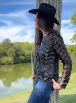 Women's Faux Leather Leaf short JACKET- Black