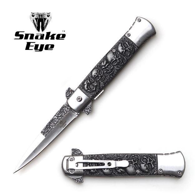 Snake Eye Tactical  Silver Stiletto Knife 5'' Closed with Clip