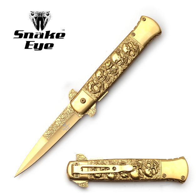 Snake Eye Tactical GOLD Stiletto Knife 5'' Closed with Clip
