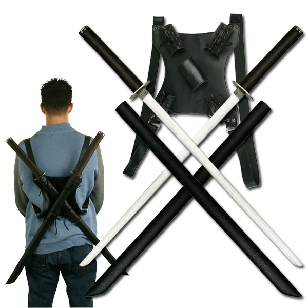 Twin Ninja Sword Set With Back Strap 27'' Overall