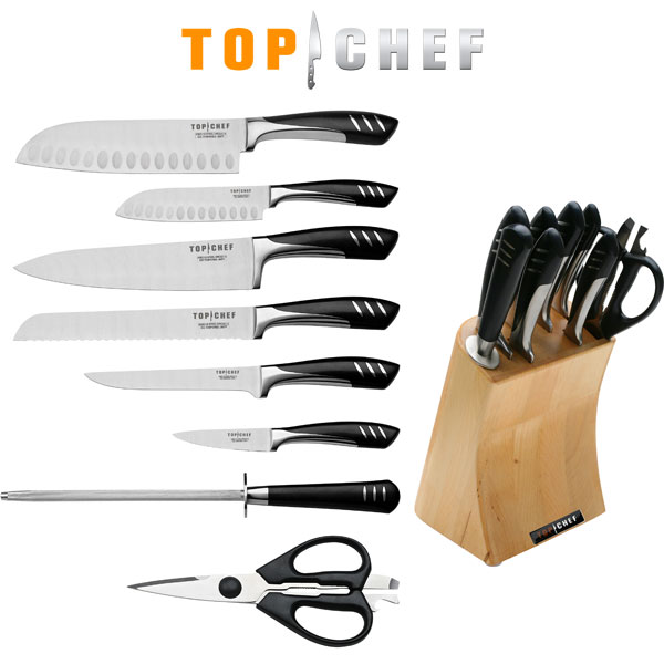 TOP Chef Knives & Shears w Wood Block - Nine-Piece Set