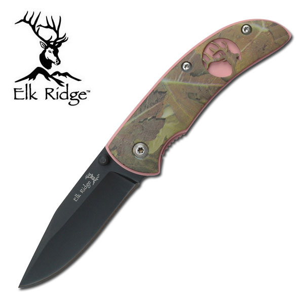 Elk Ridge Folder. Black 440 S.S Blade. Pink Camo Handle 3'' Closed