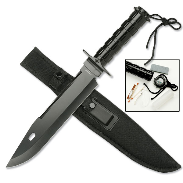 Survival Knife with Survival Kit -All  Black 15'' Overall