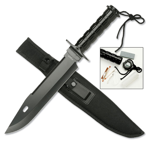 Survival KNIFE with Survival Kit -All  Black 15'' Overall