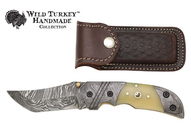Wild Turkey Handmade Damascus Blade Folding Knife 4.5''