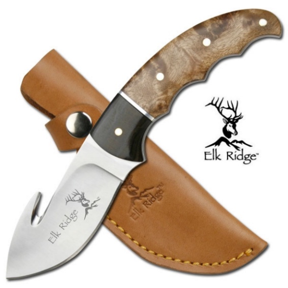 Elk Ridge Gut Hook Skinner  Knife Burl Wood Handle 8.5 '' Overall