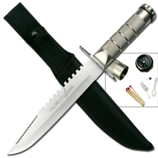 SURVIVAL KNIFE 15'' Overall W/Case & SURVIVAL Kit. Silver